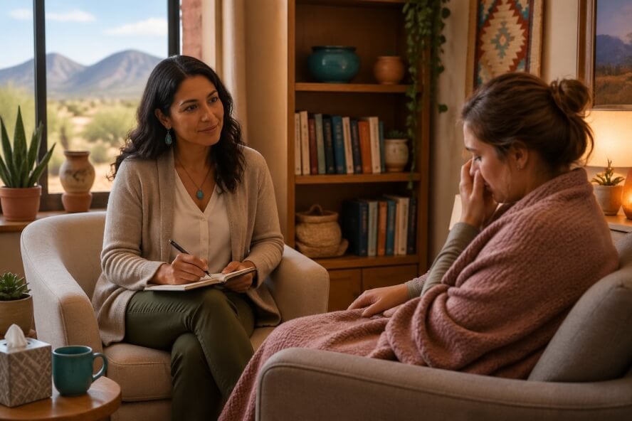 A female therapist attentively listening to a woman wrapped in a blanket in a warm, comfortable therapy office.