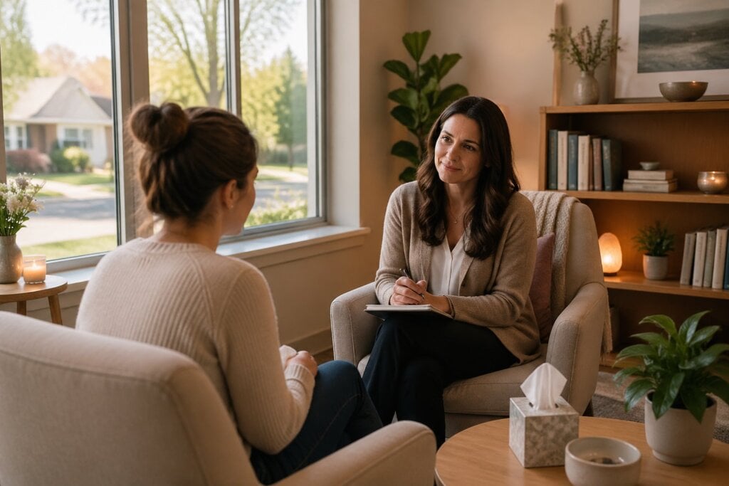 A female therapist attentively listening to a woman in a cozy therapy room with natural light and plants.