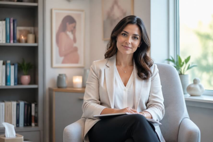 A female therapist sitting in a comfortable office with bookshelves and soft natural light, looking calm and supportive.