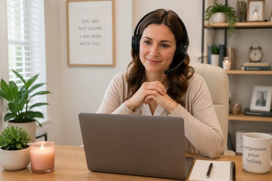 A female therapist wearing a headset, sitting at a desk with a laptop in a bright, cozy home office.