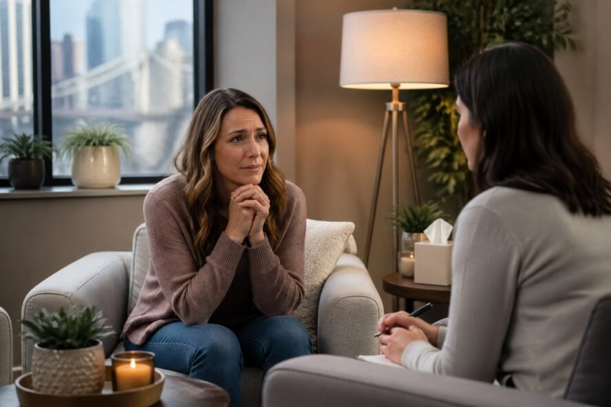 A female therapist attentively listening to a woman in a counseling office, providing emotional support.