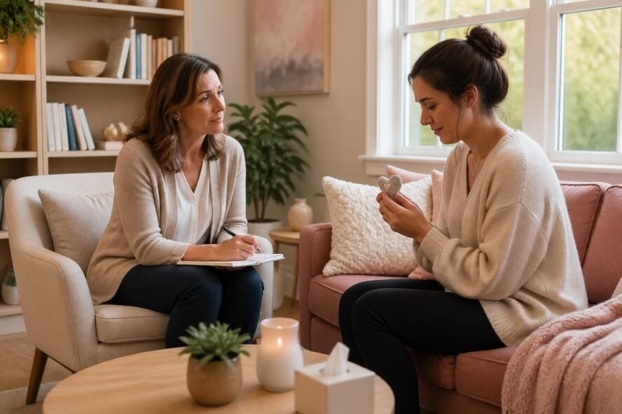 A female therapist listens compassionately to a young woman in a softly lit therapy room with comforting decor.