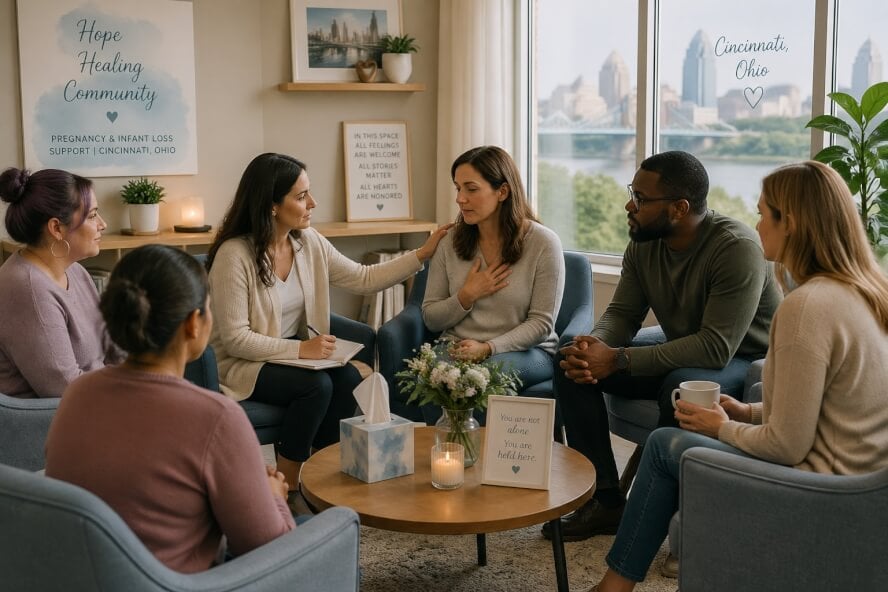 A group therapy session with a female therapist and several adults sitting in a circle in a cozy room, offering support and comfort.