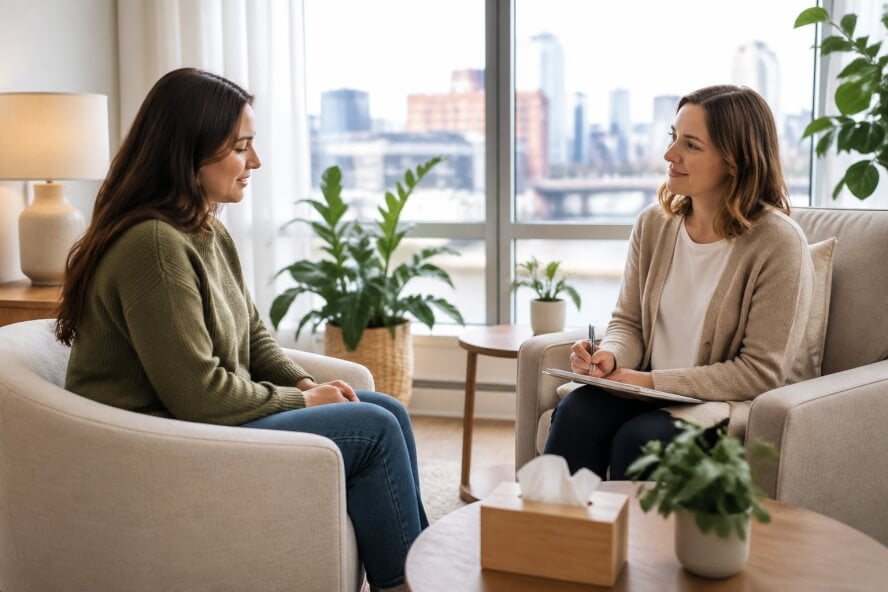 A female therapist and a woman in a cozy office having a supportive conversation.