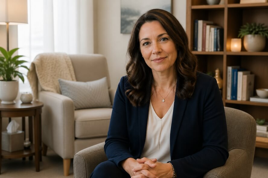 A female psychologist sitting in a comfortable therapy office with books and plants, looking calm and empathetic.