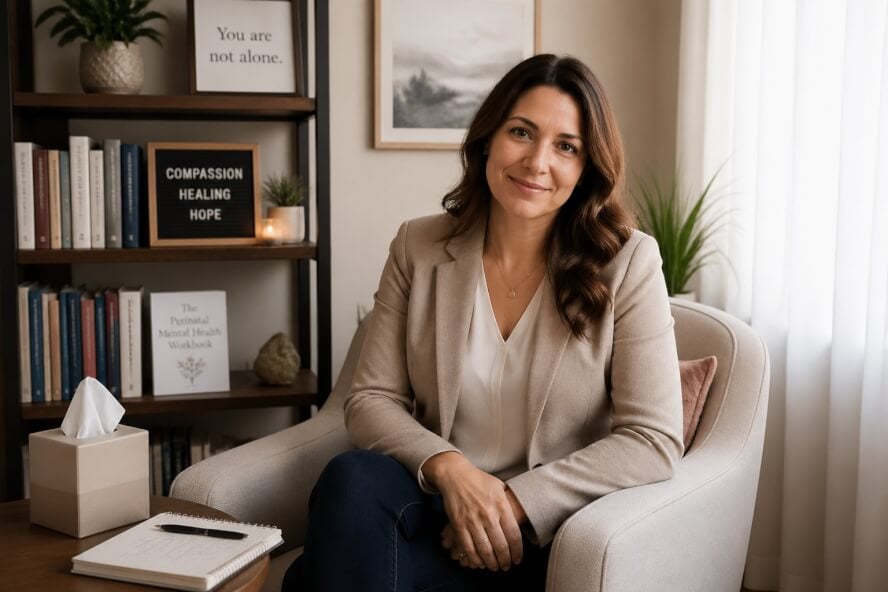 A female therapist sitting in a cozy office with books, plants, and soft natural light, creating a calm and supportive atmosphere.