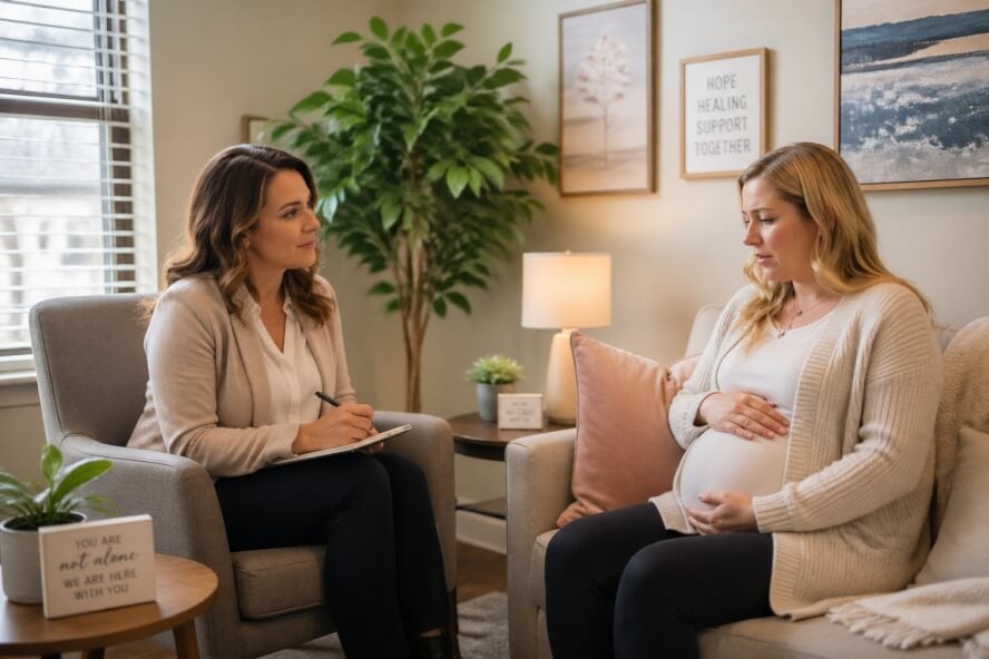 A female therapist attentively listening to a pregnant woman in a cozy counseling office.