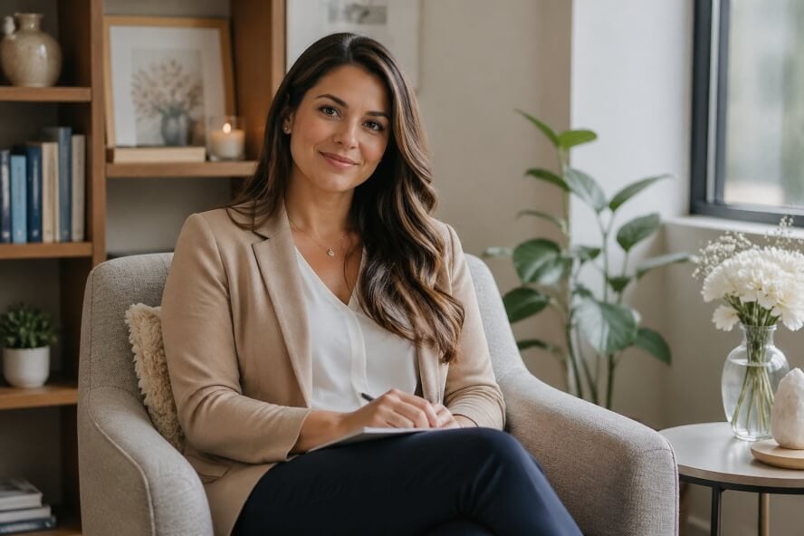 A female therapist sitting in a comfortable office, looking compassionate and attentive.