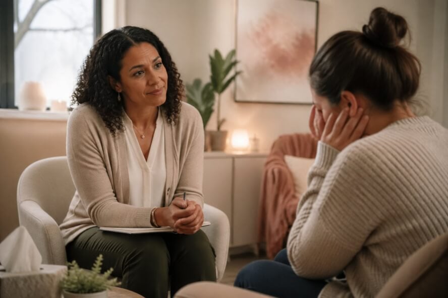 A female therapist attentively listening to a young woman in a calm therapy office.