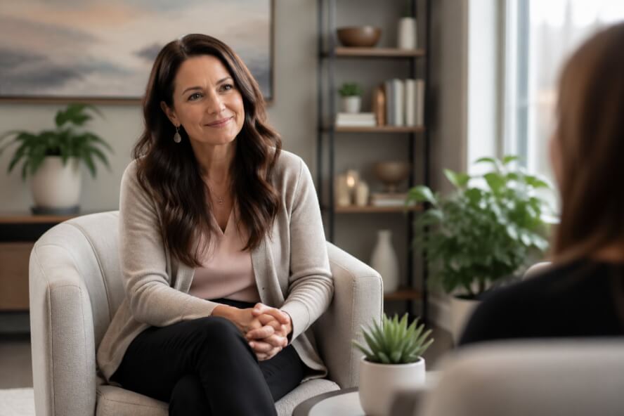 A female therapist sitting in a comfortable office, looking kind and attentive.