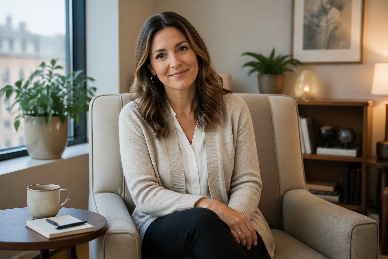 A female therapist sitting in a calm, welcoming office with warm lighting and comfortable furniture, conveying a supportive and caring atmosphere.