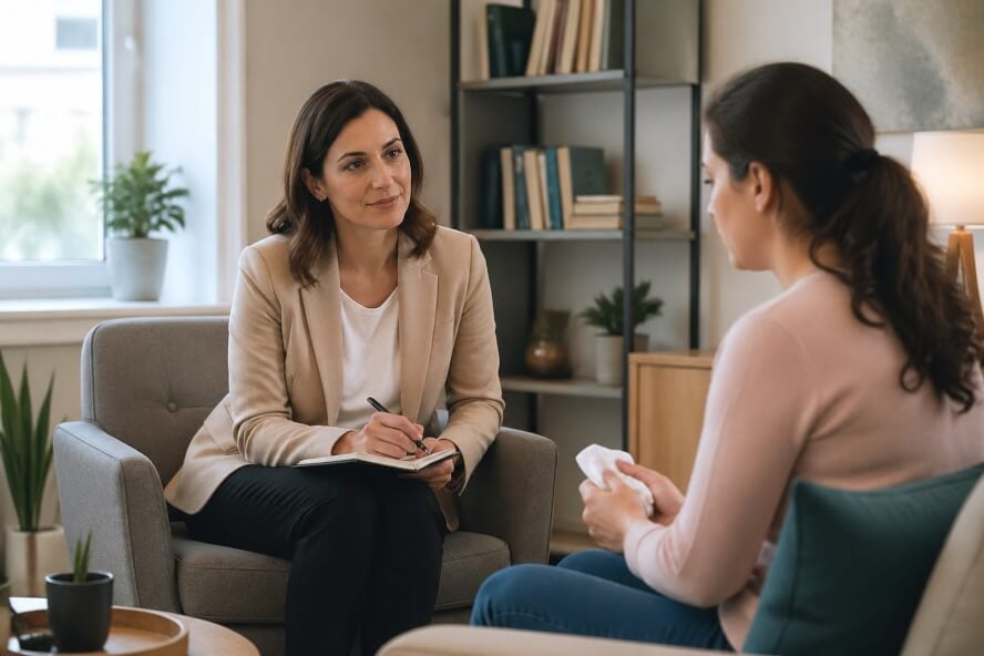 A female therapist attentively listening to a woman in an inviting therapy room.