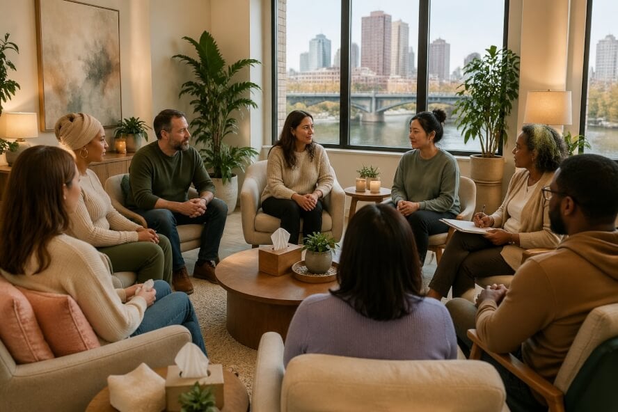 A diverse group of adults sitting in a circle in a cozy room, engaging in a supportive peer group session for pregnancy and child loss.