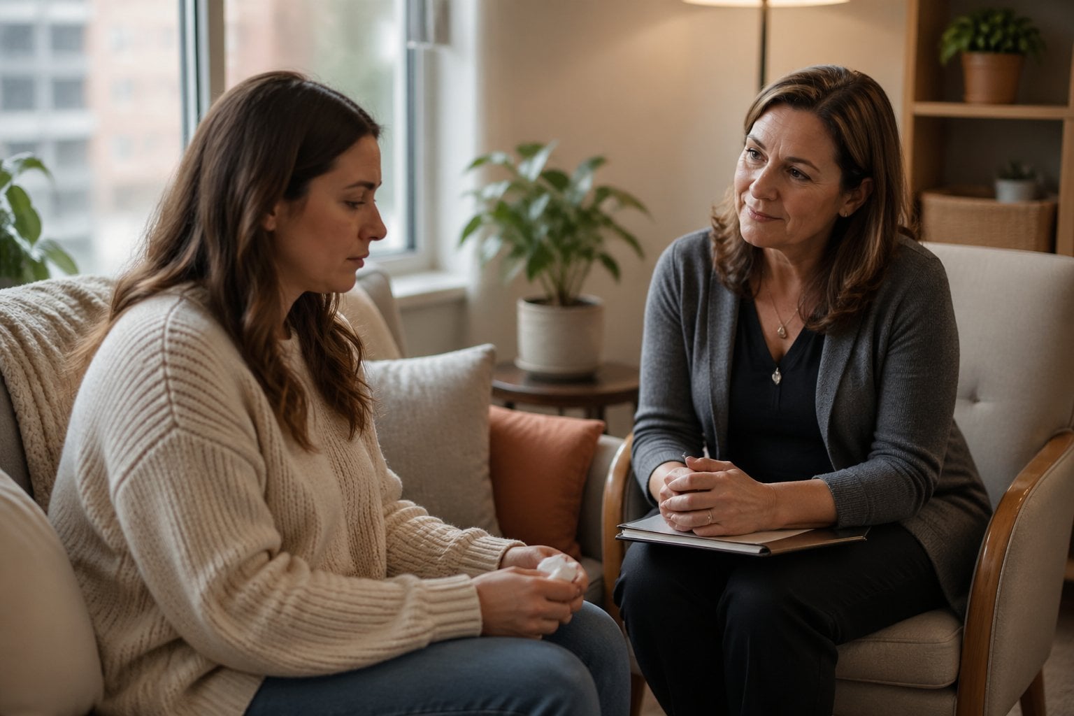 A female therapist attentively listens to a woman in a counseling room, providing support during a perinatal counseling session.