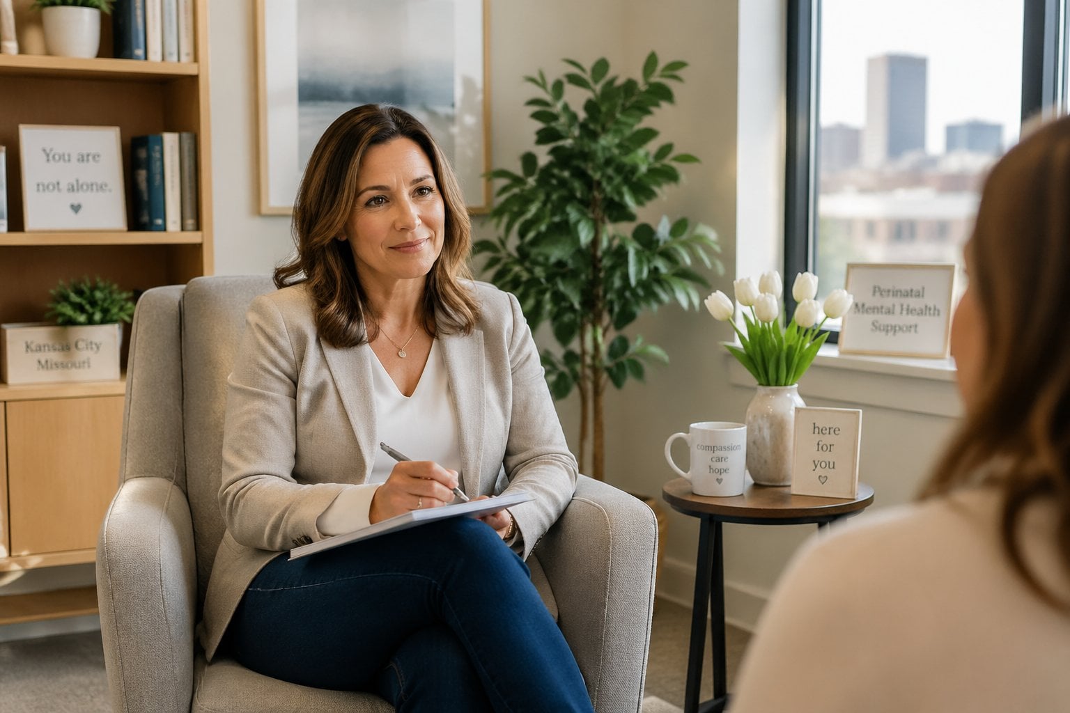 A female therapist sitting in a bright office, listening attentively and holding a notepad.