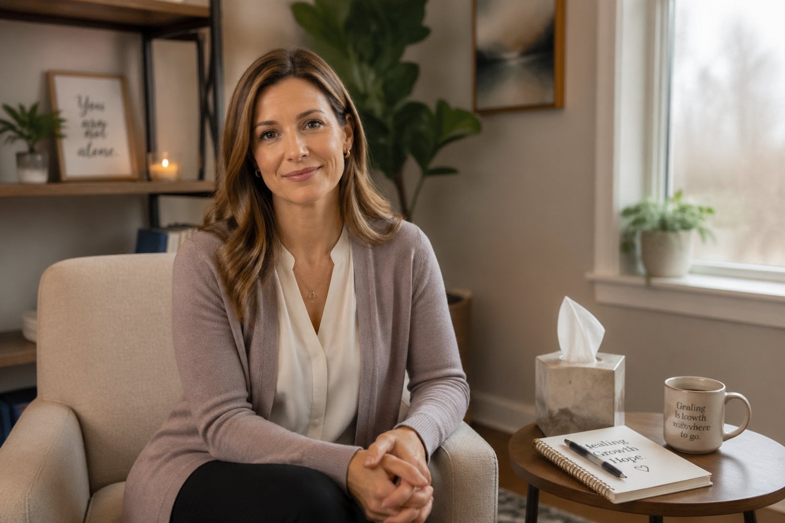 A female therapist sitting in a warmly lit office, looking compassionate and attentive.